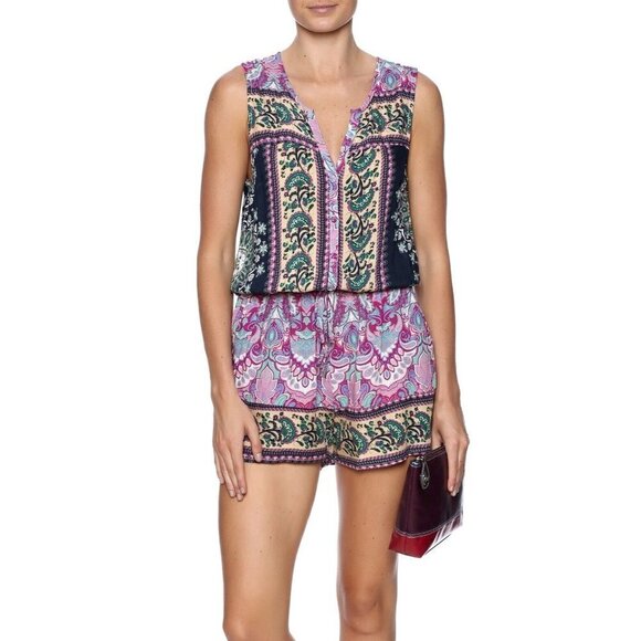 Umgee Sz S Colorful Scarf Print Romper Floral Sleeveless Elastic Waist Boho - Picture 1 of 10